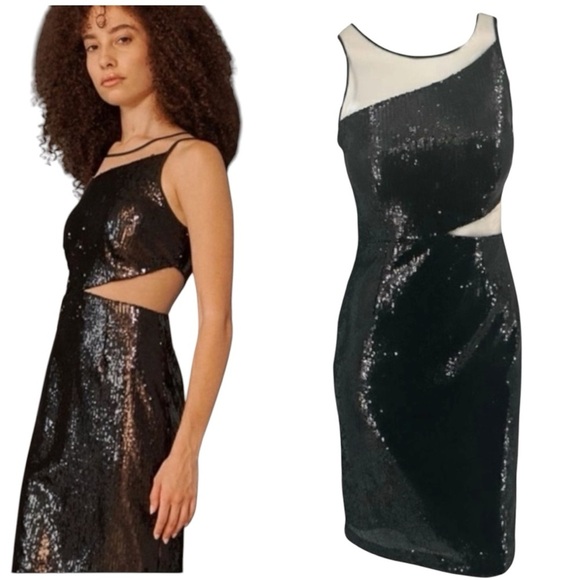Toccin Sequin Cutout Mesh Cocktail Embellished Sleeveless BodyCon Mini Dress NEW - Picture 2 of 11